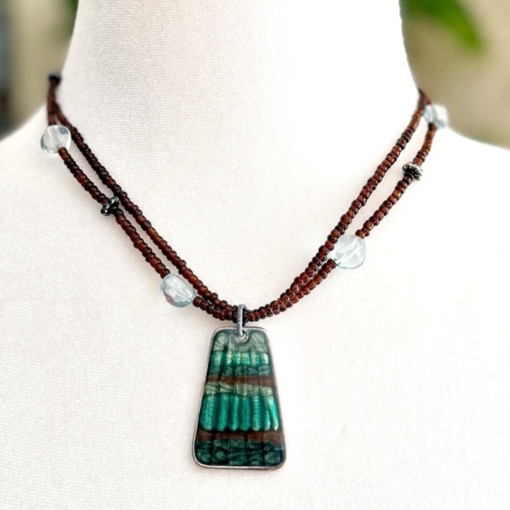Seed Beads Green Inlay Pendant Necklace 16” + 3” Extender Y2K Jewelry